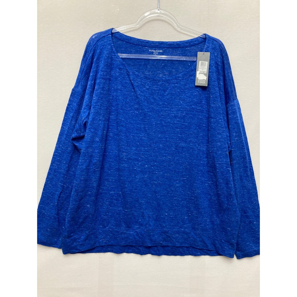 NEW Eileen Fisher 2X Organic Linen Bateau Neck Wedge Top Deep Sky Blue Vacation